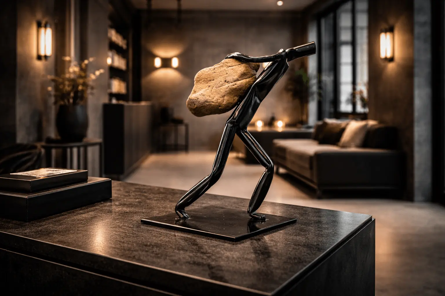 Weight of Existence – Metal Sculpture Carrying Stone on Back – Unique Art Piece