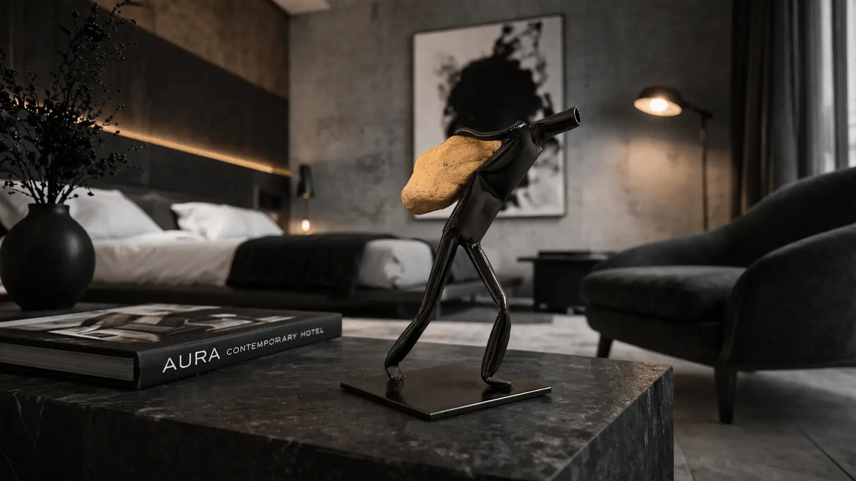 Handmade iron statue walking with stone in a hotel room