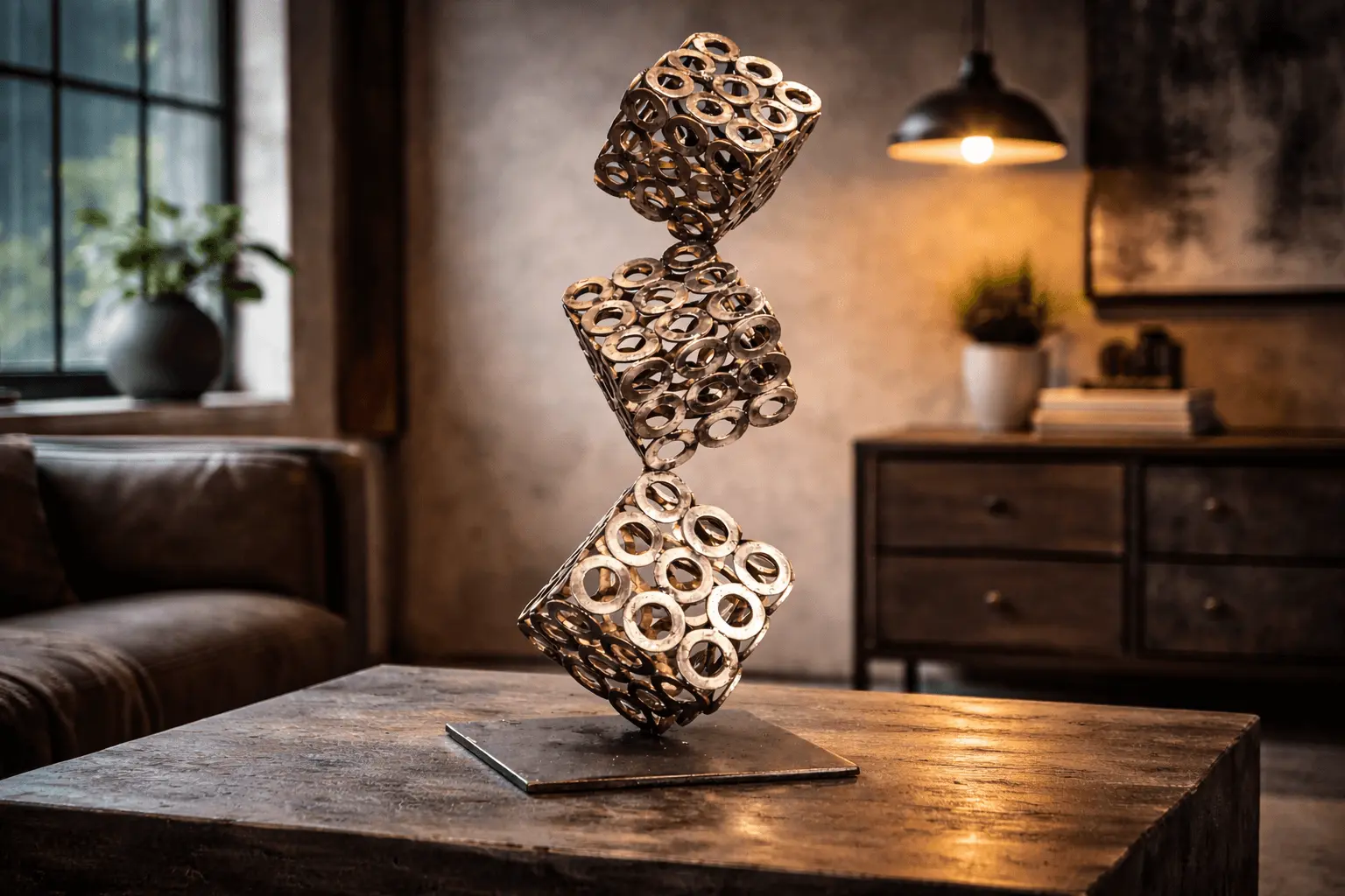 Hand-made metal art cubes placed in ambient